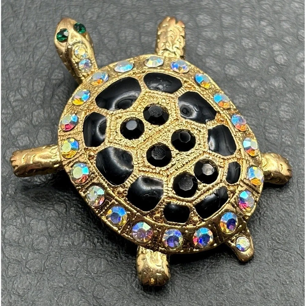 Rhinestone Turtle Pendant Brooch Black AB Aurora Borealis Crystal Gold Tone